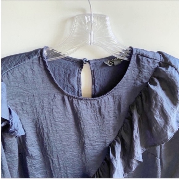Topshop shirt navy blue satin ruffle long sleeves - Picture 6 of 9